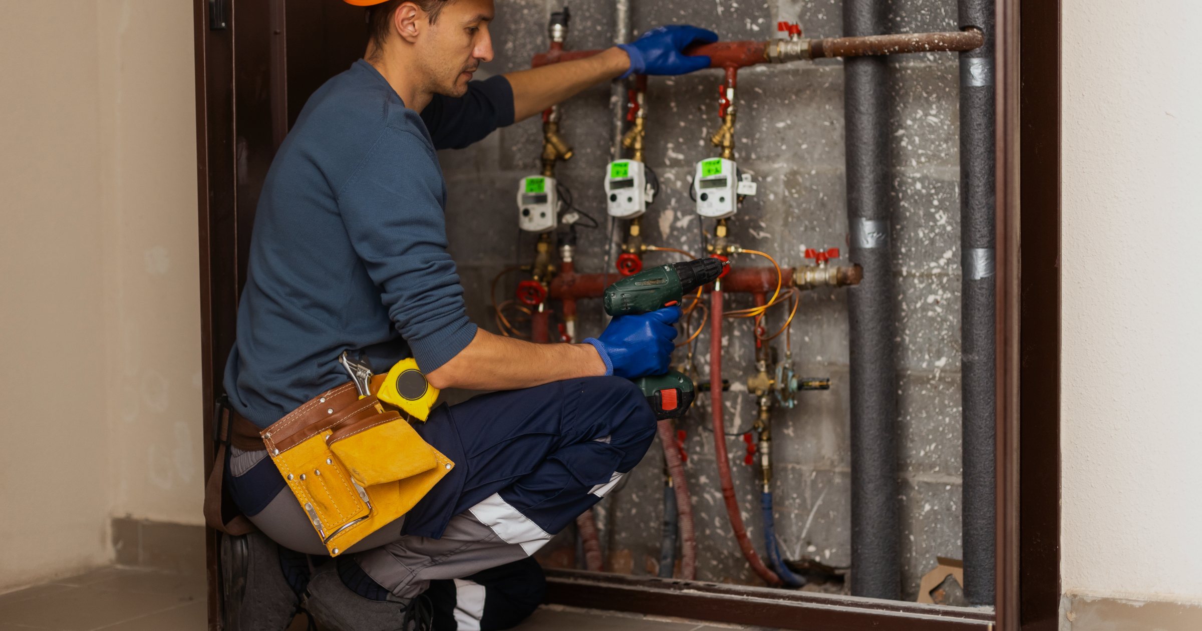 Instalator autorizat cu cască de protecție și mănuși verifică datele tehnice și manometrele unui sistem de încălzire pe gaz într-o centrală termică
